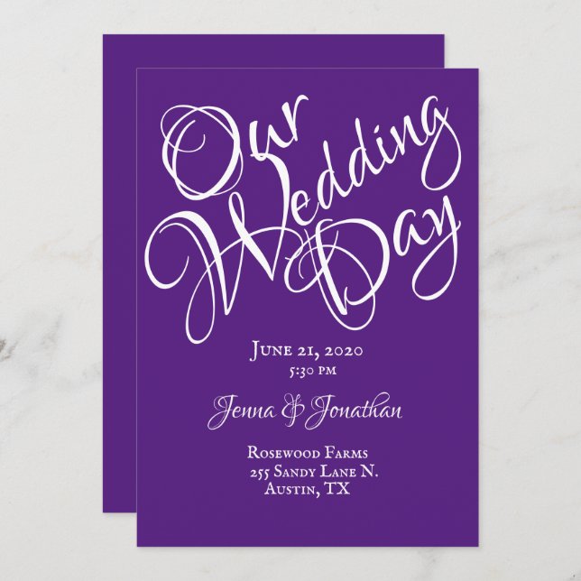 Convite Casamento de Script Purple Elegante (Frente/Verso)