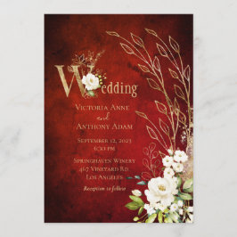 Convite Casamento de Script Russo Floral Vermelho Elegante