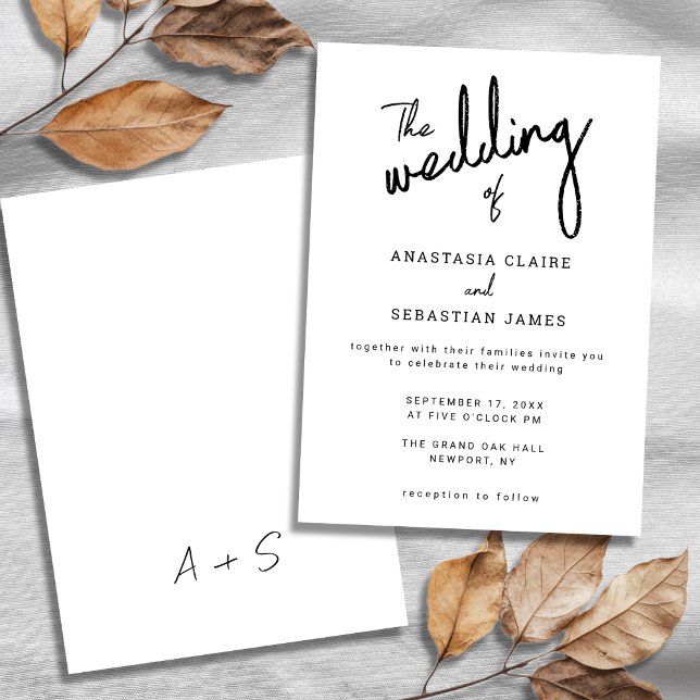 Convite Casamento de Script Simples de Caligrafia Preta e  (Simple Black and White Calligraphy Script Wedding Invitation)