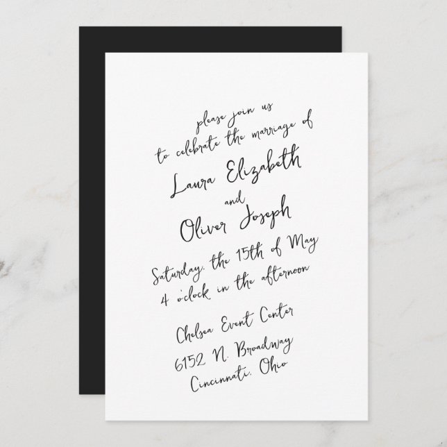 Convite Casamento de Script Simples Preto e Branco Escrito (Frente/Verso)