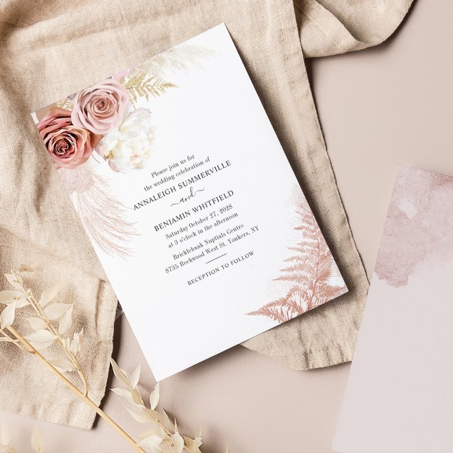 Convite Casamento de Script Terracotta de Pampas Floral Gr (Pampas Grass Terracotta Floral Wedding Invitation)