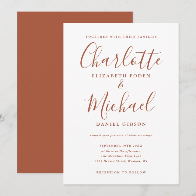Convite Casamento de Script Terracotta Minimalista (Frente/Verso)