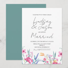 Convite Casamento de Script Verde de Flor Selvagem de Aqua