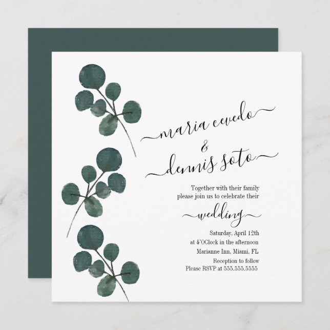 Convite Casamento de Script Watercolor Eucalyptus Greenery (Frente/Verso)