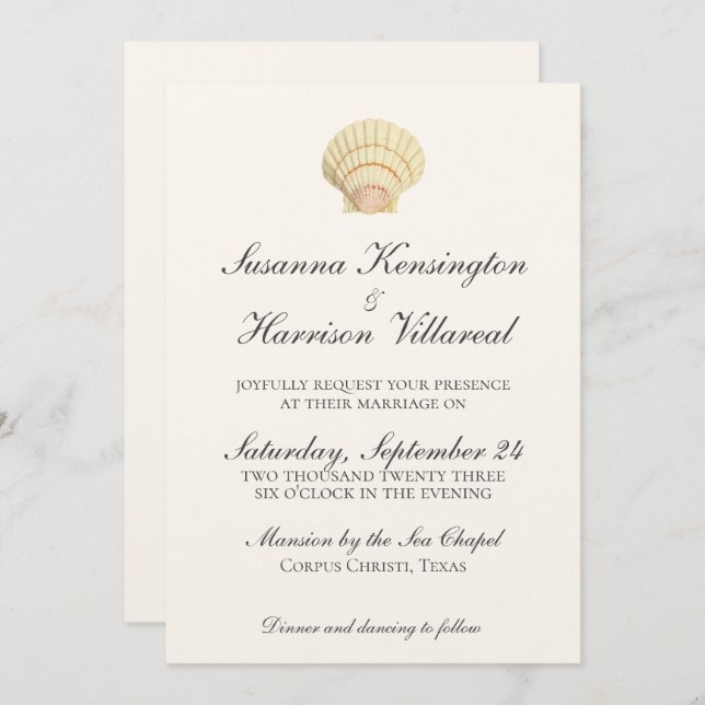 Convite Casamento de Seashell com Solteiro Neutro de Vinta (Frente/Verso)