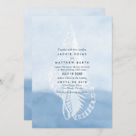 Convite Casamento de Seashell de Praia Blue Watercolor