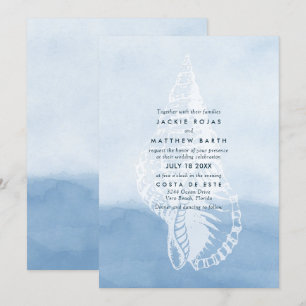 Convite Casamento de Seashell de Praia Blue Watercolor