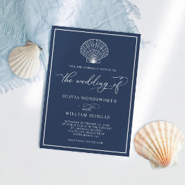 Convite Casamento de Seashell de Praia marinho Azul Elegan
