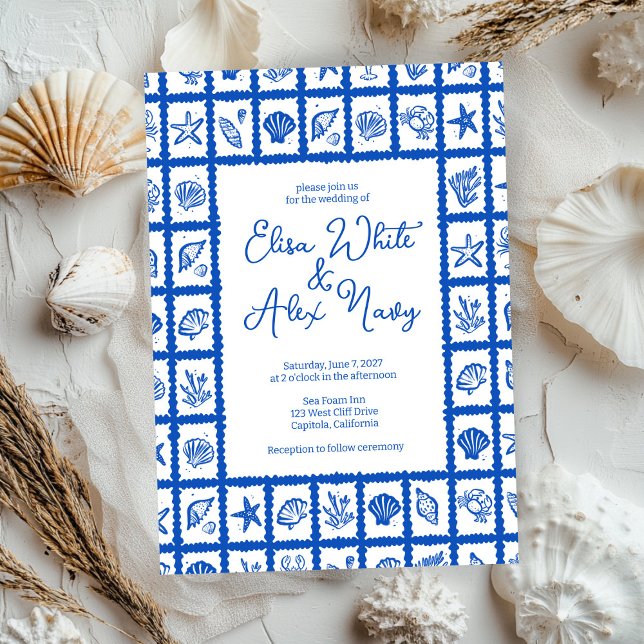 Convite Casamento de Seashell Grid Beach no Mar CUSTOM (Seashell Grid Beach Seaside Wedding CUSTOM Invitation
)