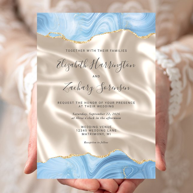Convite Casamento de Seda Azul Bebê Ágata Marfim (Criador carregado)