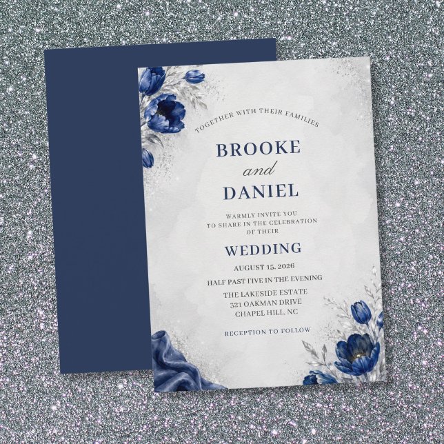 Convite Casamento de Seda com Glitter Prata e Tulipa Azul  (Criador carregado)