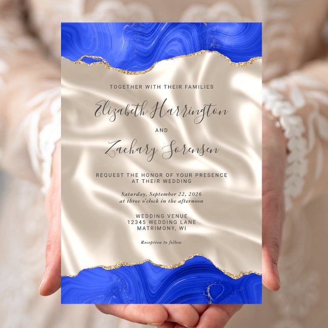 Convite Casamento de Seda Marfim Ágata Dourada Azul Real (Criador carregado)