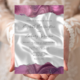 Convite Casamento de Seda Prata Malva Ágata Branco