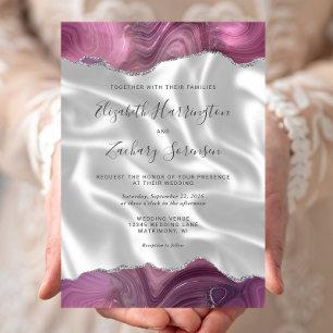 Convite Casamento de Seda Prata Malva Ágata Branco