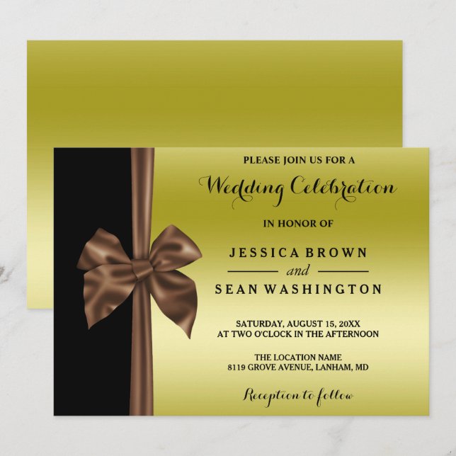 Convite Casamento de Seda Romântica com Laço Dourado e Pre (Frente/Verso)
