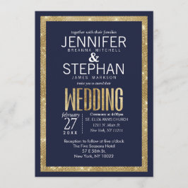 Convite Casamento de Sequência Dourada Azul do Marinho Mod