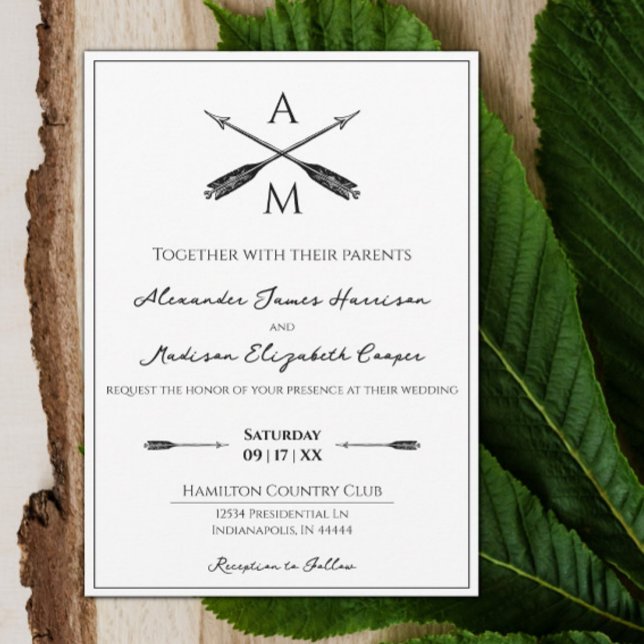 Convite Casamento de Setas e Monogramas | Branca (Arrows and Monograms Wedding Invitation)