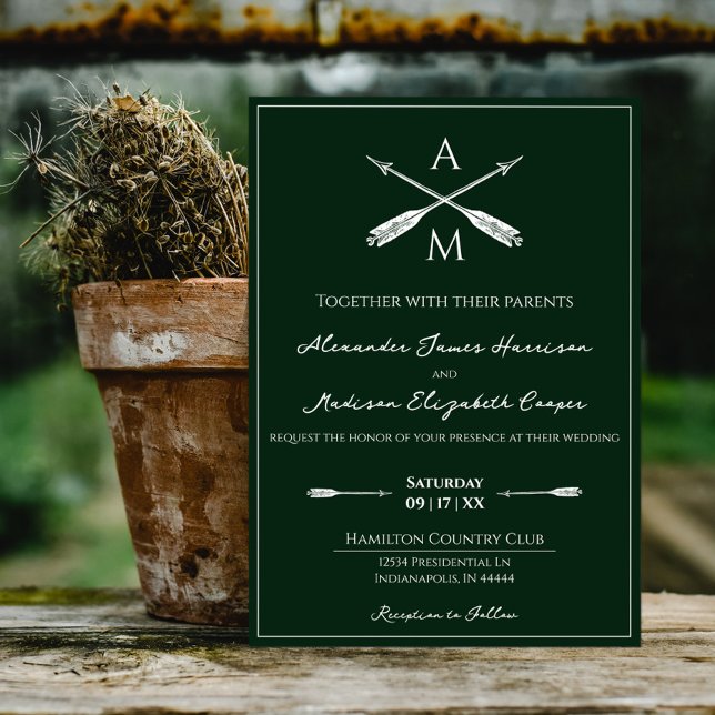 Convite Casamento de Setas e Monogramas | Emerald Green (Emerald Green Arrows and Monograms Wedding Invitation)