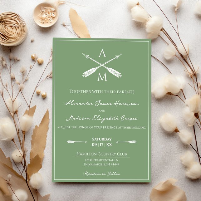 Convite Casamento de Setas e Monogramas | Moss Green (Moss Green Arrows and Monograms Wedding Invitation)
