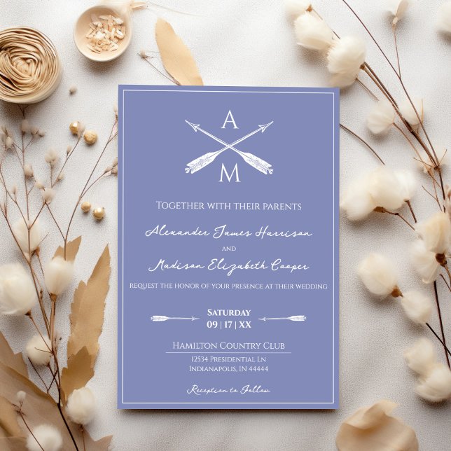 Convite Casamento de Setas e Monogramas | Periwinkle (Periwinkle Arrows and Monograms Wedding Invitation)