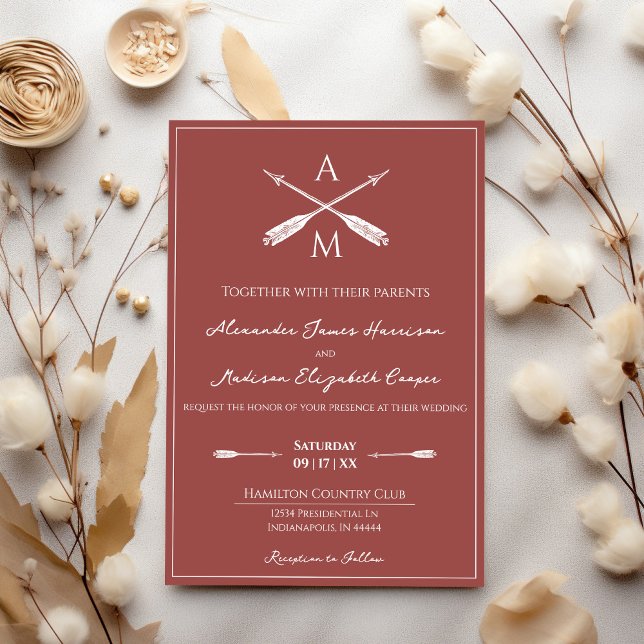 Convite Casamento de Setas e Monogramas | Terracotta (Terracotta Arrows and Monograms Wedding Invitation)