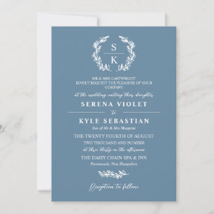 Convite Casamento de Shadow Blue Laurel Wreath Monogramas