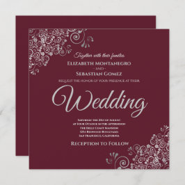 Convite Casamento de Silver Frills Elegante Burgundy Squar