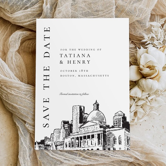 Convite Casamento de Sketch Moderno Elegante em Boston Sal (Criador carregado)