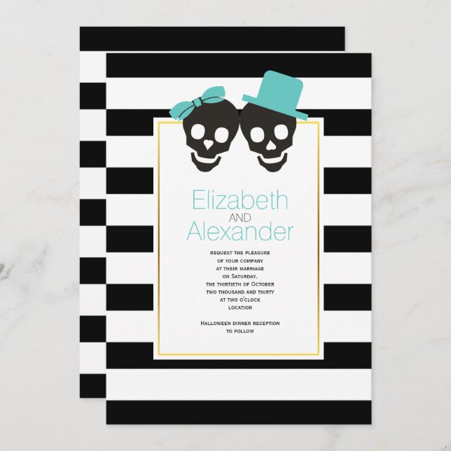 Convite Casamento de Skules e stripes aqua Halloween (Frente/Verso)