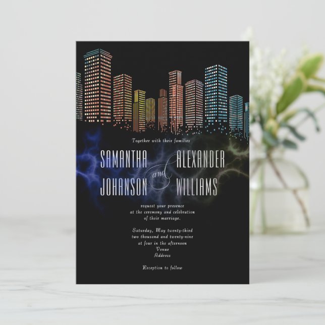 Convite Casamento de Skyline Noturno Negra Moderno (Em pé/Frente)