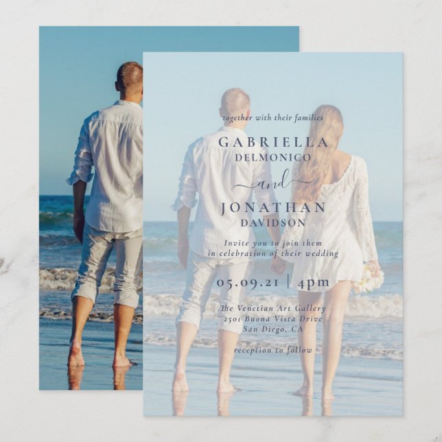 Convite Casamento de Sobreposição Branca de Foto do Casal  (Frente/Verso)