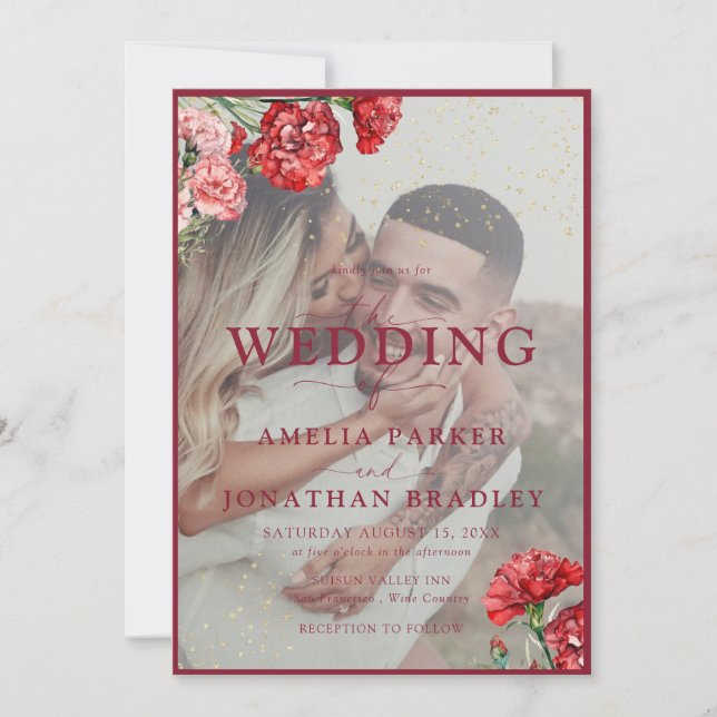 Convite Casamento de Sobreposição de Script Floral Red Mar (Frente)