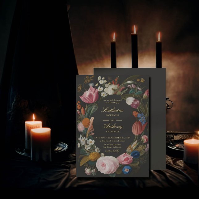 Convite Casamento de Sonhos de Frame Floral Romântico Mood (moody romantic wedding invitation floral frame painting dutch masters elegant gothic dark black)