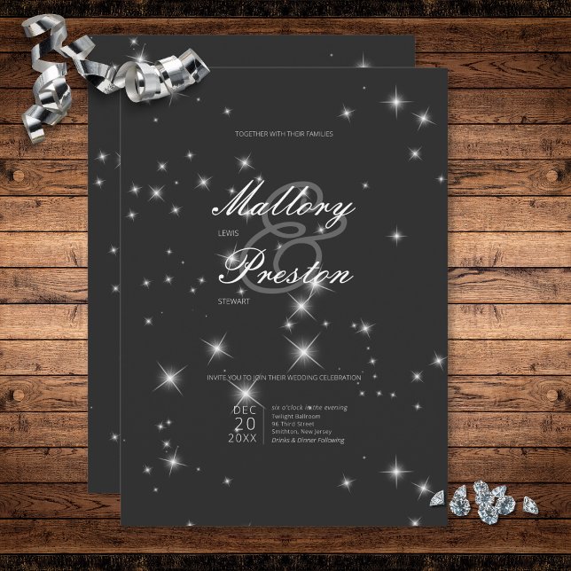 Convite Casamento de Sparkle Black Winter Modern (Modern Charcoal Black Winter Sparkle Wedding Invitation)