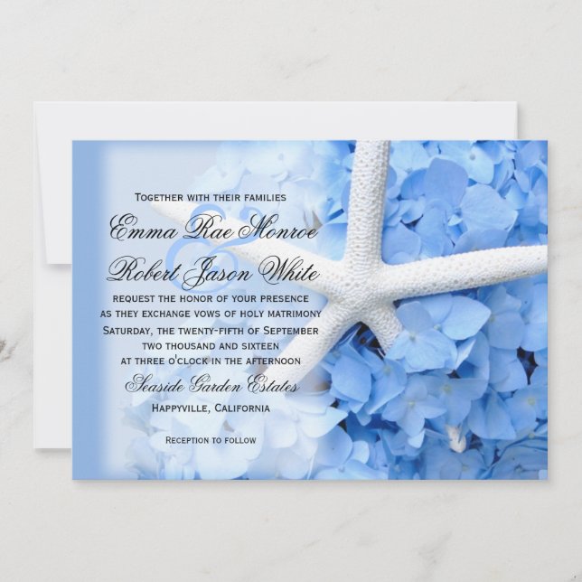 Convite Casamento de Starfish e Hydrangea Tropical Blue (Frente)