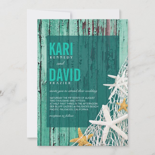 Convite Casamento de Starfish Netting Beach Wood| aqua (Frente)