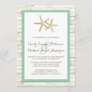 Convite Casamento de Starfish Whitewash Wood Beach - Mint