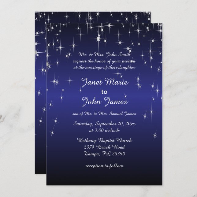 Convite Casamento de Starry Night em Azul Escuro (Frente/Verso)