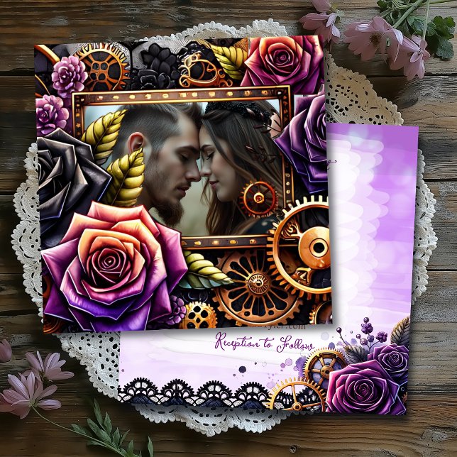 Convite Casamento de Steampunk Gótico Roxo, Preto e Cobre (Criador carregado)