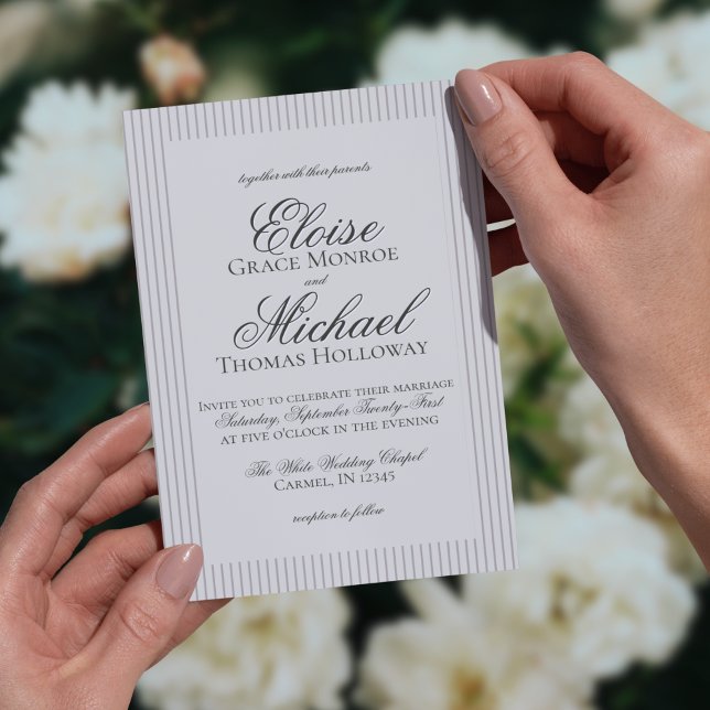 Convite Casamento de Stripe Neutral com Script de Dinheiro (Formally invite guests to your big day with this Elegant Old Money Script Thin Stripe Card!)