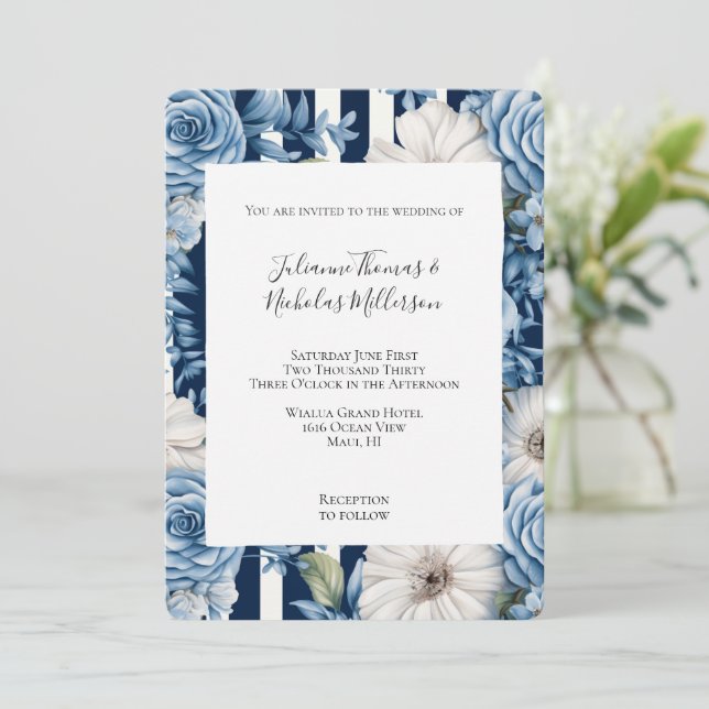 Convite Casamento de Stripes Florais Azul Branco (Em pé/Frente)