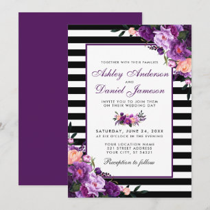 Convite Casamento de Stripes Negras Florais Roxas PB