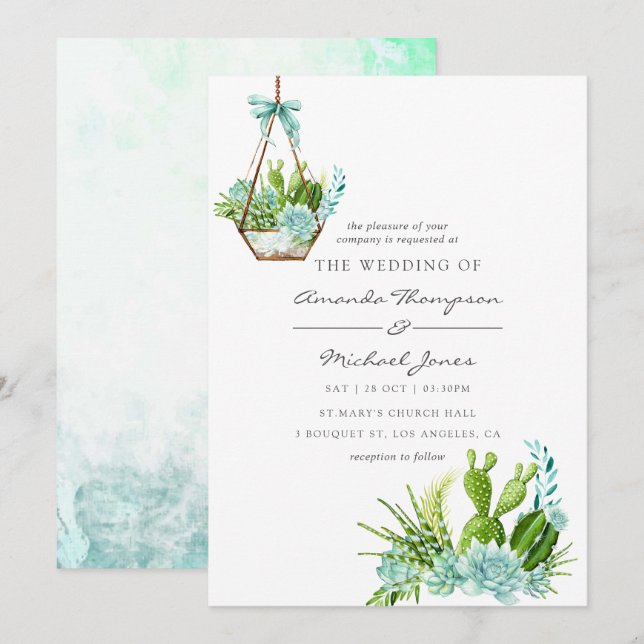 Convite Casamento de Succulents de Vidro Aquoso (Frente/Verso)