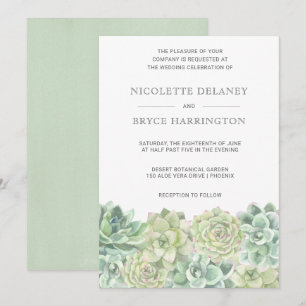 Convite Casamento de Suculência com Aquarela Verde Botân