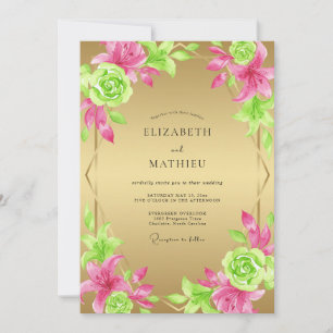 Convite Casamento de Suculenta Rosa Eucalipto Dourado