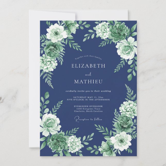 Convite Casamento de Suculentas Azul-Marinho Impecável (Frente)