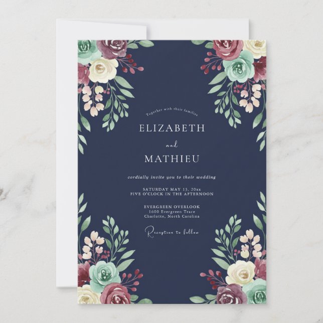 Convite Casamento de Suculentas Azul-Marinho Temperamental (Frente)