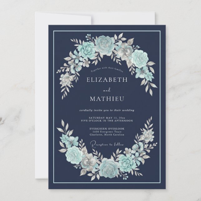 Convite Casamento de Suculentas Azul-Navy Luxuriantes (Frente)
