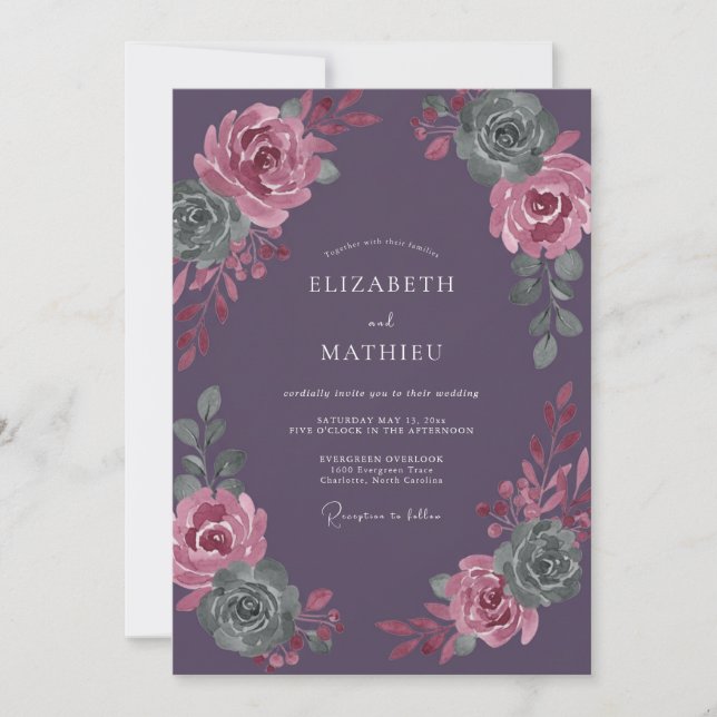 Convite Casamento de Suculentas com Aquarela de Ameixa (Frente)
