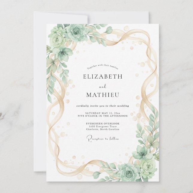 Convite Casamento de Suculentas com Hortelã e Champanhe Eu (Frente)